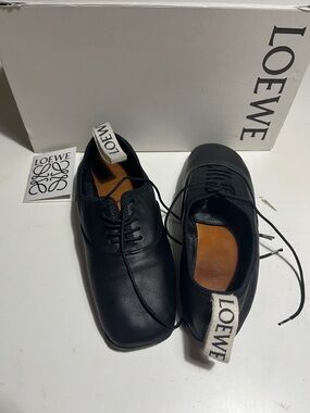 Loewe Black Leather Derby Shoes with White Branded Heel Tab